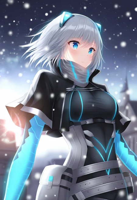 (masterpiece), (best quality), (ultra-detailed), amazing quality, very aesthetic, illustration, perfect composition, intricate details, absurdres, incredibly absurdres, lens flare, bokeh, light particles, bloom, chromatic aberration, diffraction spikes,
1girl, solo,
icey, blue eyes, grey hair, short hair, fake animal ears,
neon trim, grey scarf, cropped jacket, black jacket, black bodysuit, blue gloves, multiple belts, short shorts, taut clothes,
upper body, snowing, town,
<lora:icey.ilxl:1>