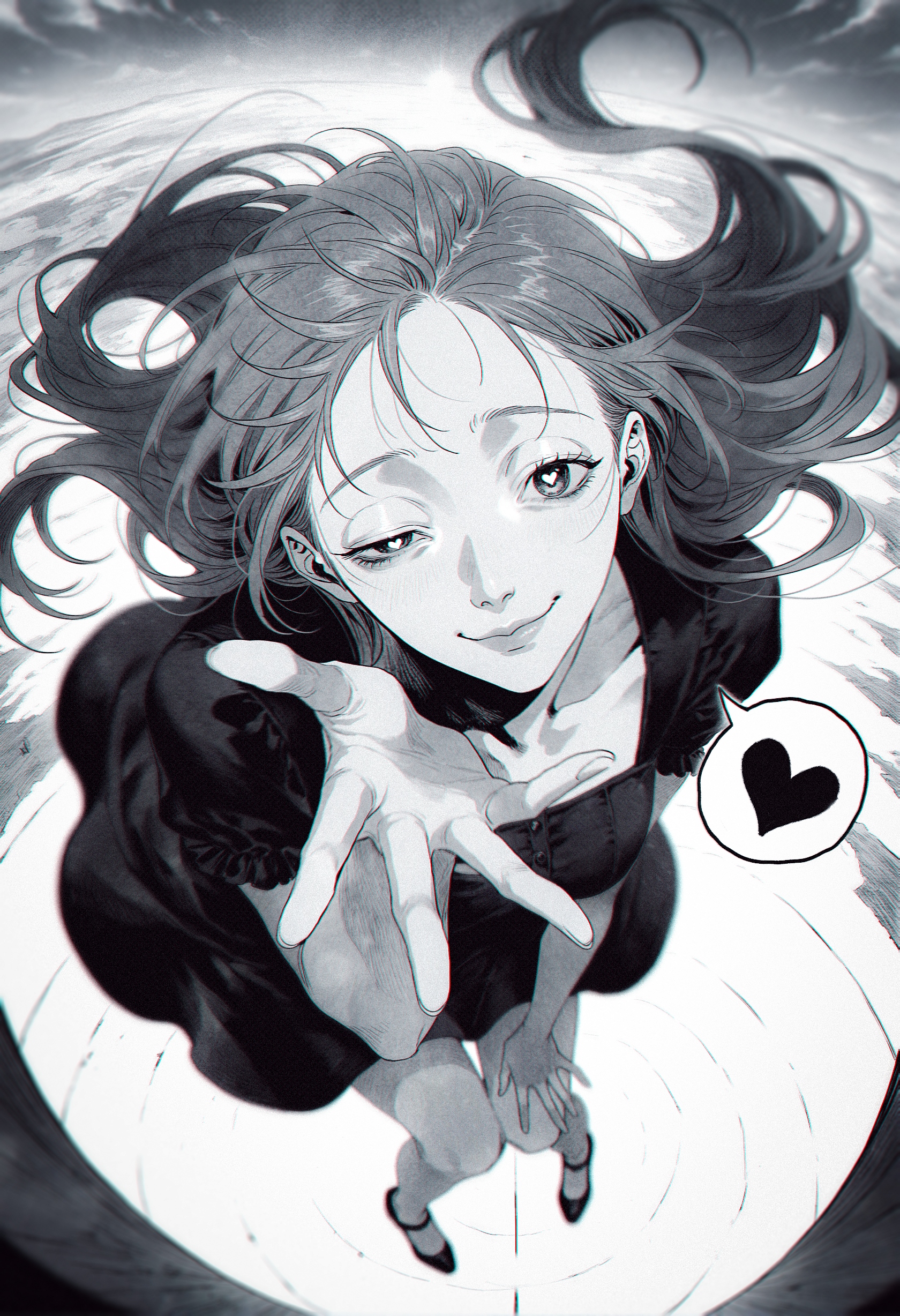 by mzet, by m omoo,  (realistic greyscale manga\(theme\), linear hatching, hatching \(texture\):1.1), ultra-detailed shot by fujimoto tatsuki \(style\), (brutal, cruel,:1.2),
very awa, masterpiece, highres, absurdres, newest, year 2024, year 2023, 
1girl, inoue orihime , reaching towards viewer, open hand, hand down, half-closed eyes, yandere, one half-closed eye,  smug, closed mouth, (close-up face:1.2), leaning forward,  black dress, head tilt, 
nose, lips, midair, knees together feet apart, heart-shaped pupils, spoken heart, 
(perspective, dutch angle:1.5), 
(ground, from above:1.3), depth of field, vanishing point, sky, floating hair, flying, 
 illustration, ultra-detailed textures, 
<lora:takayanagi_katsuya:0.45>, <lora:lora:0.5>,