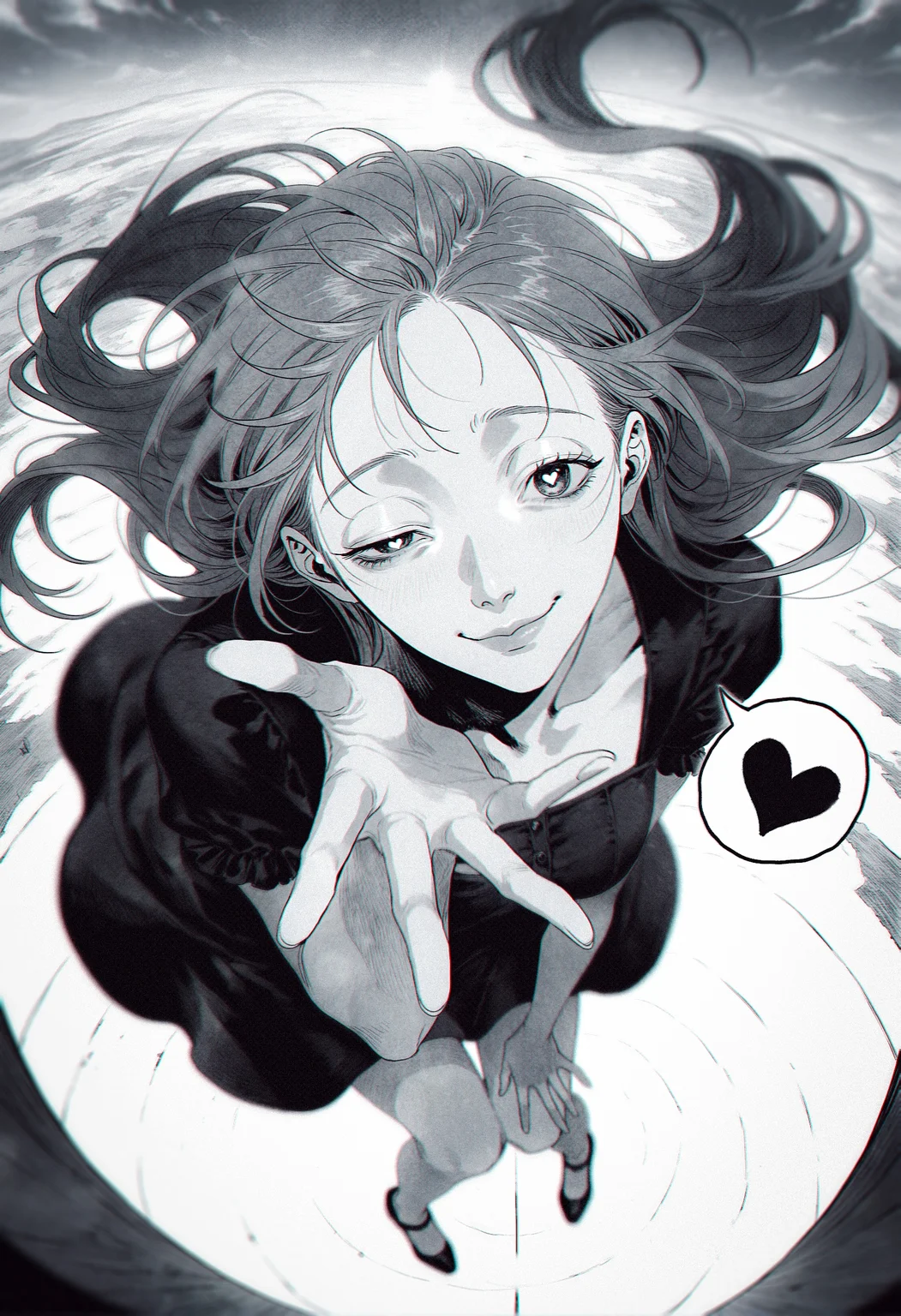 by mzet, by m omoo, (realistic greyscale manga\(theme\), linear hatching, hatching \(texture\):1.1), ultra-detailed shot by fujimoto tatsuki \(style\), (brutal, cruel,:1.2),
very awa, masterpiece, highres, absurdres, newest, year 2024, year 2023,
1girl, inoue orihime , reaching towards viewer, open hand, hand down, half-closed eyes, yandere, one half-closed eye, smug, closed mouth, (close-up face:1.2), leaning forward, black dress, head tilt,
nose, lips, midair, knees together feet apart, heart-shaped pupils, spoken heart,
(perspective, dutch angle:1.5),
(ground, from above:1.3), depth of field, vanishing point, sky, floating hair, flying,
illustration, ultra-detailed textures,
<lora:takayanagi_katsuya:0.45>, <lora:lora:0.5>,