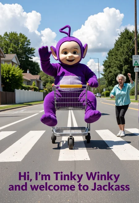 A purple teletubby sitting in a shopping cart is seen approaching rapidly, rolling downhill towards an intersection. An elderly lady with a walking aid is in the middle of the road on a beautiful sunny day. Text at the bottom reads "Hi, I'm Tinky Winky and welcome to Jackass"