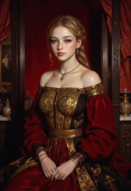 A Renaissance-style portrait of an oil painting of a woman from the waist up before a heavy velvet dressing screen, draped in a meticulously crafted Renaissance gown with modern embellishments. The off-the-shoulder dress, made of deep crimson velvet, features an embroidered golden corset laced with delicate black silk ribbons and a subtle digital luminescence outlining the brocade patterns. Her sleeves are long and flowing, gathered at the wrists with metallic clasps shaped like circuit patterns. Her pearl-adorned hair is woven with fine gold chains, while a sleek, futuristic data ring on her finger glows faintly in contrast to the antique jewelry adorning her wrists. She stares at the viewer with a subtle smile.