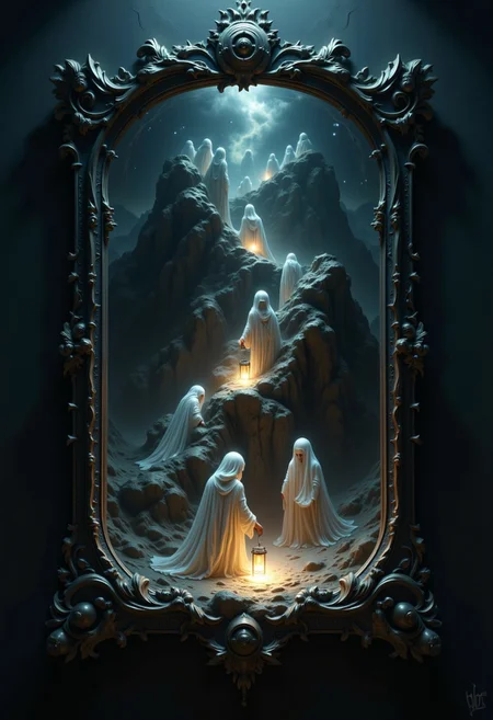 This high-resolution CGI illustration, rendered in a realistic, hyper-realistic style, presents a surreal mirror suspended in darkness. From the surface of the mirror, small, ghostly figures appear to be climbing out, as though it’s a portal to another realm. Each figure glows faintly, and they seem to carry tiny lanterns, illuminating their path as they emerge. The mirror’s frame is engraved with mysterious runes, hinting at a powerful enchantment or ancient magic.