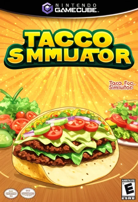 anime artwork <lora:GCNBoxArt:1> GCNBOXART, "taco simulator", title, food_focus, no_humans, . anime style, key visual, vibrant, studio anime,  highly detailed