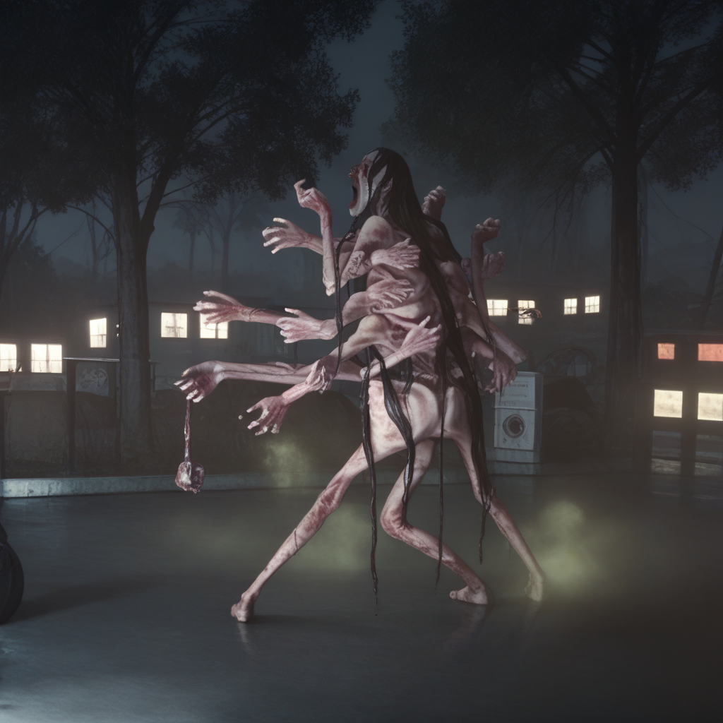 score_9,score_8_up,score_7_up,score_6_up,score_5_up,score_4_up,rating_safe,1boy,<lora:ew2_lament-step00000800:1>,(monster),((ew2_lament)),horror \(theme\),(eldritch abomination),fog,parking lot,night,extra arms,long hair,black hair,nude,