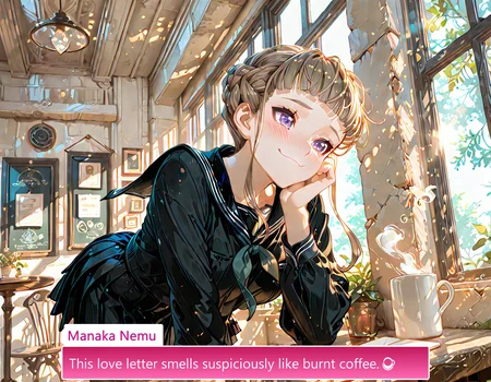 nsfw, highres, best quality, masterpiece, safe pos, masterpiece, best quality, amazing quality, very aesthetic, absurdres, newest, volumetric lighting, holographic colors, cute, gradient colors, 4k, hd, ultra detailed, sfw, usnr, gbf style, , ambient occlusion, raytracing, soft lighting, bloom effect, absolutely eye-catching, intricate cinematic background, \(beautiful face\),
BREAK
,
photo realistic, very aesthetic, scenery,
BREAK
,
Smiling, happy, blushing, flustered, shy, awkward smile, hand on own cheek, holding love letter, heart on letter, looking at viewer, eye contact,
BREAK
,
Cafe background, table, steamy mug, sunlight though window, sunlight, cafe,
dynamic angle, intricate light, Manaka Nemu, light brown Braided hair, Purple eyes, Medium breasts, Sidelocks, Long sleeves, Black serafuku with neckerchief, Black pleated skirt, Black thigh-highs, Breast pocket, Manaka Nemu, braided hair, purple eyes, medium breasts, sidelocks, long sleeves, black skirt, black serafuku, neckerchief, black thighhighs, breast pocket
