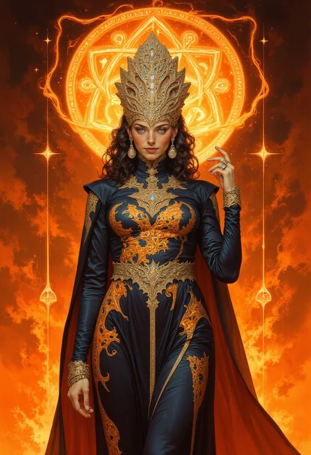 A hyper-detailed manhwa-style portrait of a woman in a fusion of traditional Balinese ceremonial attire and cyberpunk aesthetics. Her oversized sarong displays asymmetrical glowing neon patterns inspired by traditional batik, seamlessly intertwined with chrome detailing. A luminous fiber optic turtleneck adds a futuristic contrast, while crystal-studded ornaments embellish her elaborate headpiece. She leans slightly forward, her hand raised in a graceful, dance-like pose. The deep sunset orange background is layered with surreal geometric shapes and holographic effects, blending the spiritual vibrance of Balinese culture with a sleek cyberpunk aesthetic.