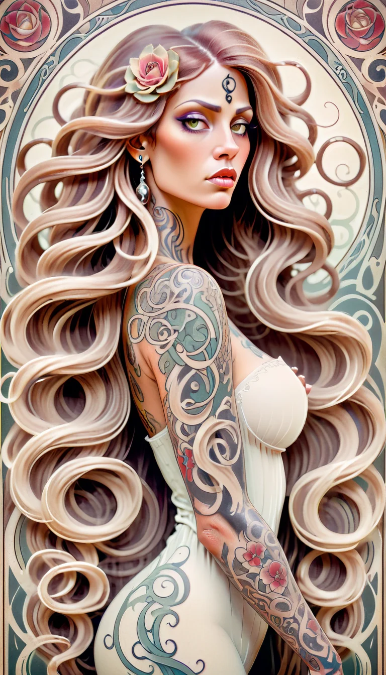 Art Nouveau art of a mysterious woman with flowing hair and elaborate tattoos, cinematic composition.  <lora:Everly_Heights_Comics:1>