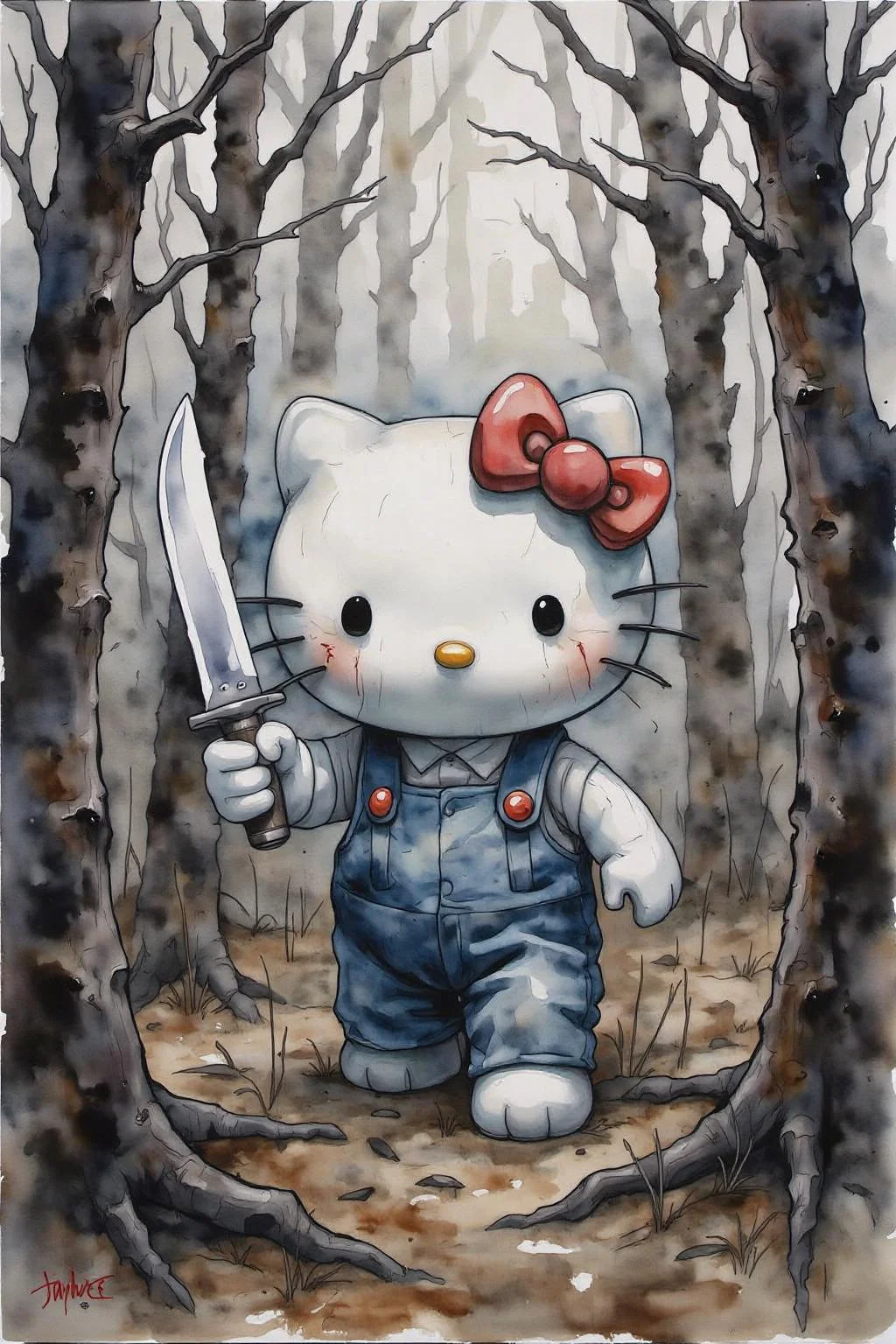 yawc1 watercolor. Hello Kitty in the middle of the forest holding a knife, the atmosphere and the character looks scary, Hello Kitty is hidden by the shadows.  <lora:yawcolor_nocap1_d4a2:1.0> <lora:Flux-Sch-SingleBlocks-BF16:1.0><lora:799518006498685412:0>