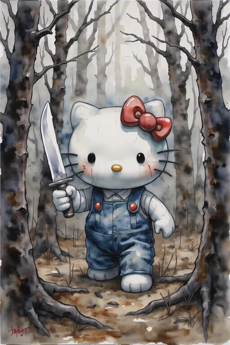 yawc1 watercolor. Hello Kitty in the middle of the forest holding a knife, the atmosphere and the character looks scary, Hello Kitty is hidden by the shadows. <lora:yawcolor_nocap1_d4a2:1.0> <lora:Flux-Sch-SingleBlocks-BF16:1.0><lora:799518006498685412:0>