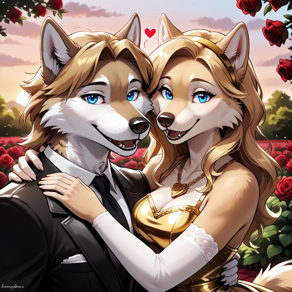 masterpiece, highres, super high resolution, anthro couple, female wolf, male wolf, voluptuous figure, long blond hair, golden fur, blue eyes, medium breasts, valentine theme, garden background, golden royal dress, golden hairband, leather belt, hearts, rose petals, white legwear, formal clothes, heart, looking in partner's eyes, golden rose-shaped necklace, hugs partner, anthro on anthro, open smile, sunset, close-up,
