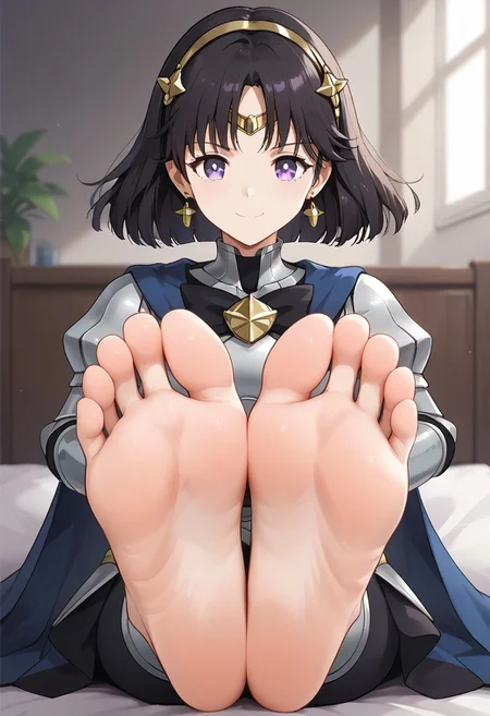score_9, score_8_up, score_7_up, score_6_up, score_5_up, score_4_up, source_anime, BREAK, (masterpiece:1.4), (best quality:1.2), expressive eyes, perfect face, perfect anatomy, accurate anatomy, perfect feet, perfect soles, 1 girls, feet, soles, toes, foot focus, front view, smile, cute expression, clean feet, sitting, hands on ground, showing feet, barefoot,  PONYXL_WaifuFeetPics_ownwaifu, feet, perfect feet, soles, 4 toes in left foot, 4 toes in right foot, perfect anatomy, accurate anatomy, foot focus, feet, toes, sitting, Sailor Saturn, 1girl, bob cut,tiara,earrings,,purple eyes, Female_Corrin_(cosplay), black hairband, armored dress, armored pants, blue cape, puffy sleeves, juliet sleeves, vambraces, black gloves, barefoot, feet together, close up, feet close up