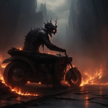 Dark Fantasy Art, Dark Moody Atmosphere, dramatic, mysterious, dark moody atmosphere, dark, moody, dark fantasy style, realistic anime,
BREAK,
Ghost Rider rockets up the skyscraper, his flaming motorcycle scorching a fiery path over glass and steel,
BREAK,
His skull, engulfed in hellfire, casts a sinister, flickering glow, with empty eye sockets seething with vengeful fire,
BREAK,
Flames curl around his skeletal form, his leather jacket and pants seared and frayed, smoldering as he rides,
BREAK,
sitting on his bike, (((cracked roadway))), cracked road, skull, from side, low angle shot, close up shot, detailed afce, detailed skull,