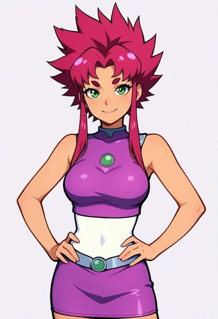 spikyhair, spiked hair, solo, starfire, arms crossed, hands on hips, smile, blank background