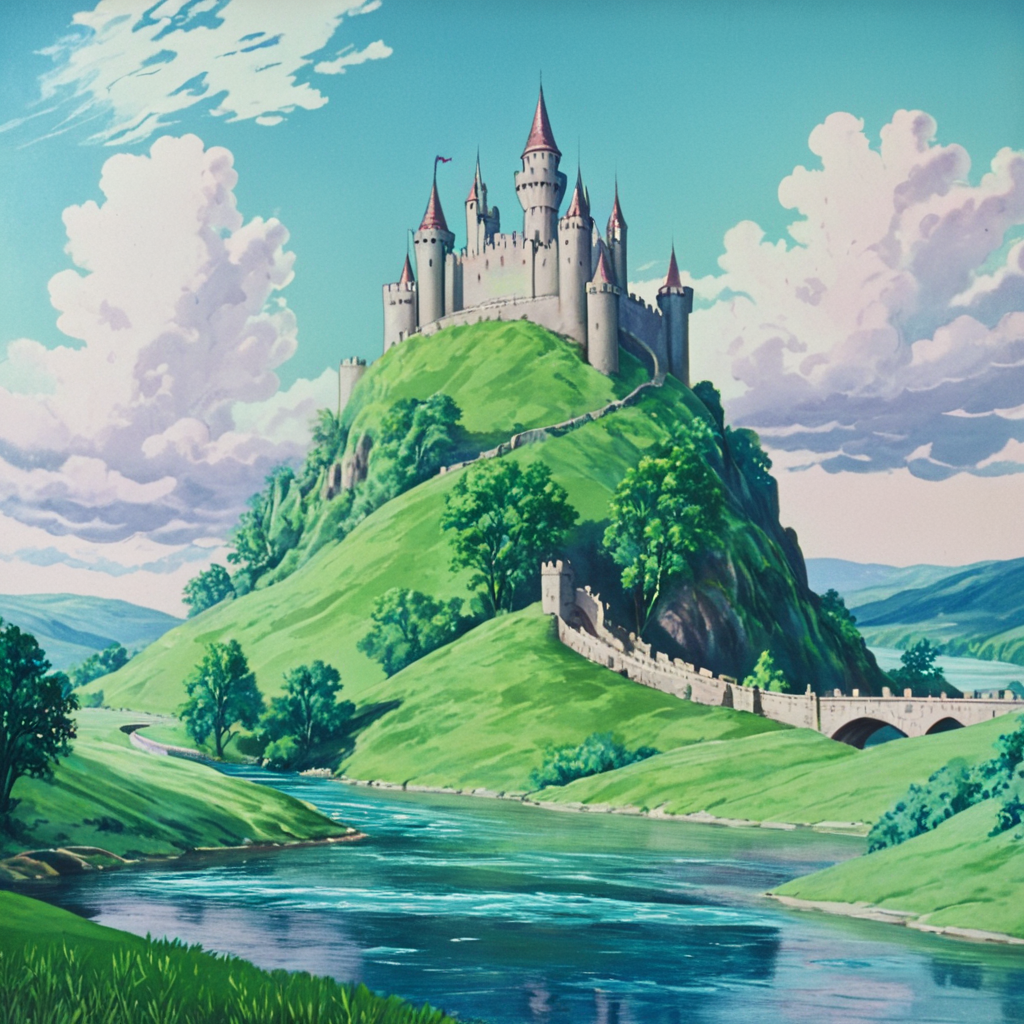 <lora:30sTechnicolorMovieV2SDXL:1> ArsMovieStill, movie still from a 1930s technicolor movie, The image shows a painting of a castle perched atop a hill surrounded by a river a bridge a group of trees plants grass the hills and a cloudy sky., no humans, tree, scenery, outdoors, sky, day, castle, water, blue sky, grass