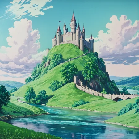 <lora:30sTechnicolorMovieV2SDXL:1> ArsMovieStill, movie still from a 1930s technicolor movie, The image shows a painting of a castle perched atop a hill surrounded by a river a bridge a group of trees plants grass the hills and a cloudy sky., no humans, tree, scenery, outdoors, sky, day, castle, water, blue sky, grass