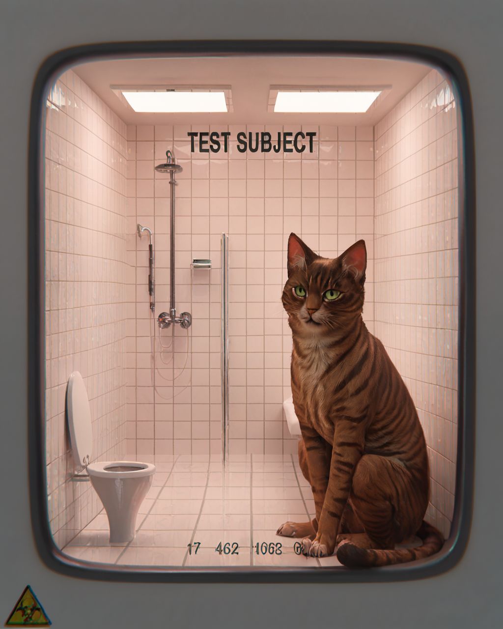 <lora:testchamberV2:0.8> testchamber, clean, glass wall with text "TEST SUBJECT", a cat, house cat, sitting on ground, tiles, animal,, score_9, score_8_up, score_7_up, score_6_up, score_5_up, score_4_up, ponypositive,