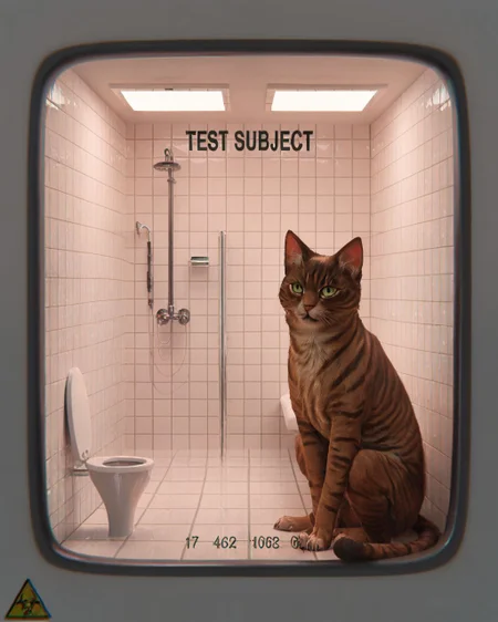 <lora:testchamberV2:0.8> testchamber, clean, glass wall with text "TEST SUBJECT", a cat, house cat, sitting on ground, tiles, animal,, score_9, score_8_up, score_7_up, score_6_up, score_5_up, score_4_up, ponypositive,