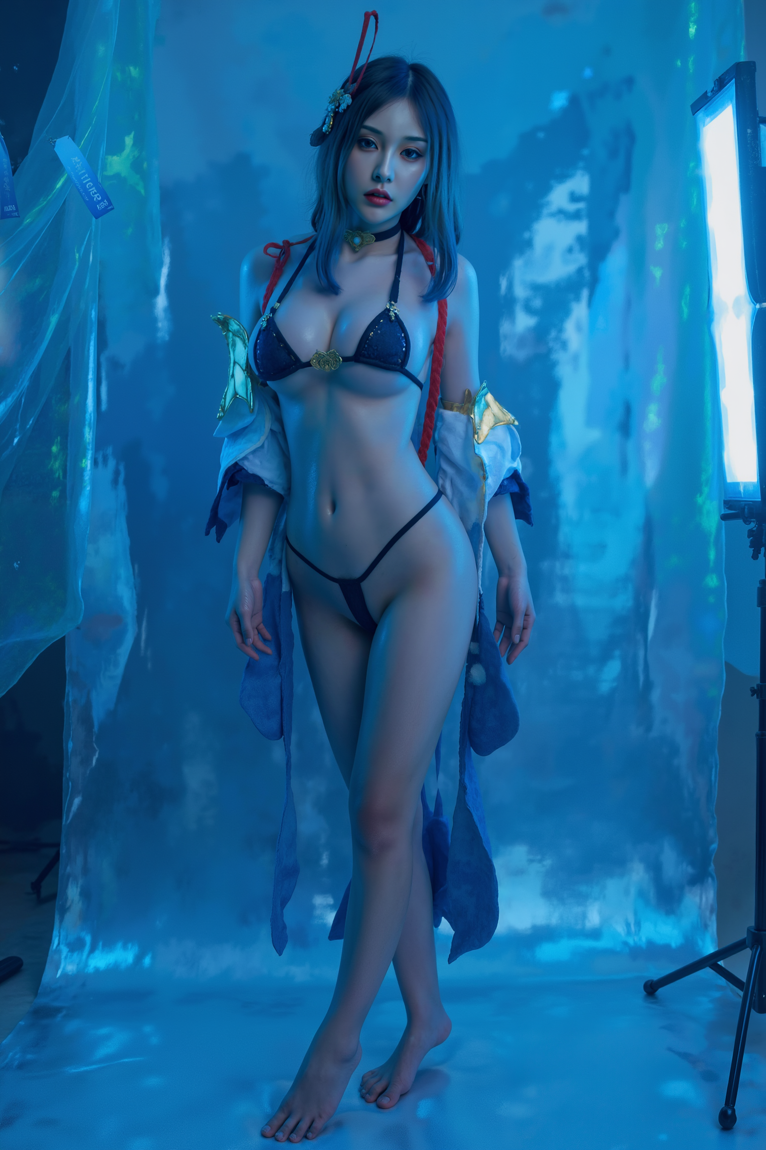 This is a high-resolution professional full body photograph featuring a young woman is posed in a standing contrapposto stance, with subtle weight shifted to one leg to create a natural S-curve in the body silhouette. This classic posing technique creates visual interest and a sense of elegance.

She is wearing SGWN41ClothingStyle2.

The lighting features a high-contrast, monochromatic blue color scheme that creates a moody, intimate atmosphere. 

The photography technique uses what appears to be soft lighting to create a glamorous effect, with careful attention to highlighting contours while maintaining the dominant blue color scheme throughout the frame.

The overall aesthetic combines elements of fashion photography, traditional Asian visual motifs, and contemporary boudoir styling. The dramatic blue lighting creates a cohesive visual theme that ties all elements of the composition together.

The white light coming from the camera direction highlighting the subject feature.