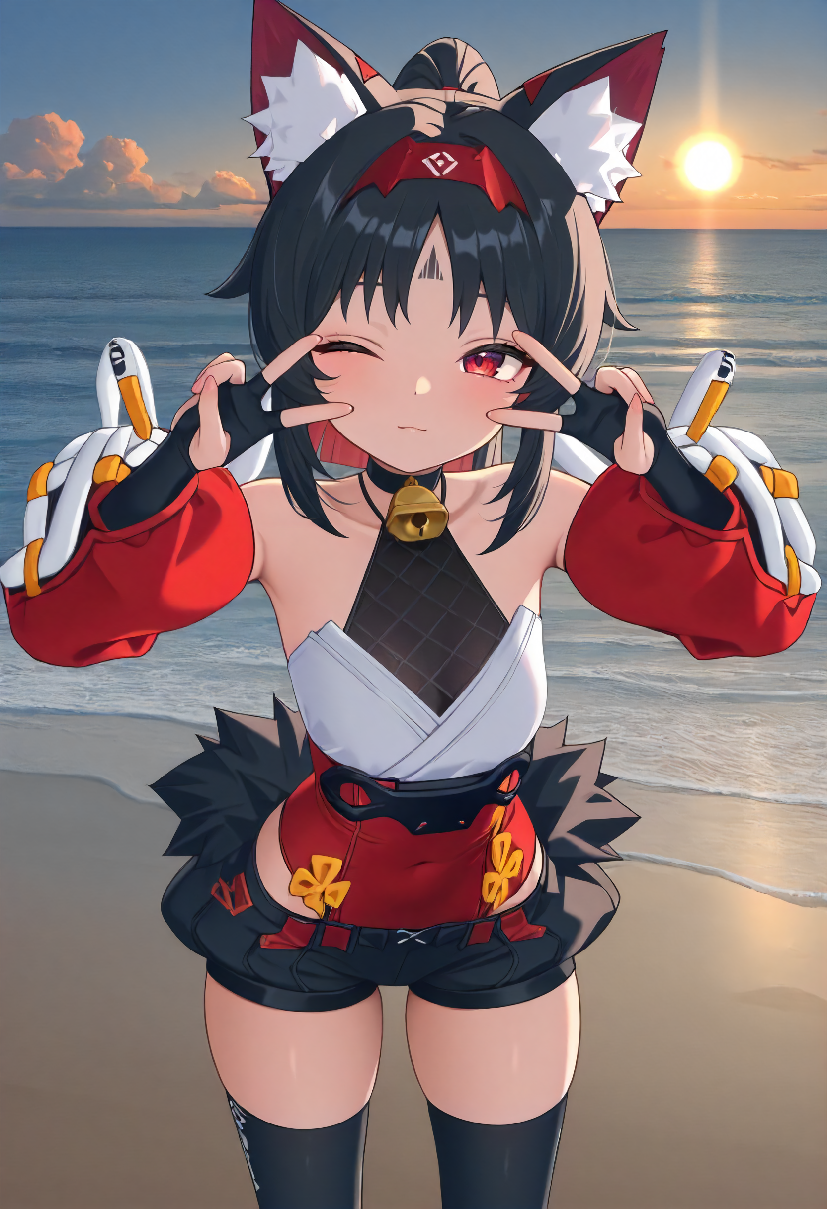 masterpiece, best quality, amazing quality, very aesthetic, absurdres, newest, scenery, volumetric lighting, perfect eyes, ultra detailed,
1girl, Nekomiya Mana, solo, forehead tattoo, cat ears, red hair band, black hair, ponytail, red ponytail lace, red eyes, 
choker, cowbell, black mesh, white top, red sash, detached sleeves, red sleeves, white sleeve laces, fingerless gloves, black shorts, black thigh highs, futuristic shin covers,
standing, looking at viewer, peace sign, wink, winking,
beach, ocean, horizon, clouds, organe sky, detailed background, beautiful frame,
<lora:Nekomiya_Mana__Nekomata_-_Zenless_Zone_Zero_ZZZ__Illustrious:1>
masterpiece, best quality, amazing quality, very aesthetic, absurdres, newest, scenery, volumetric lighting, perfect eyes, ultra detailed,
