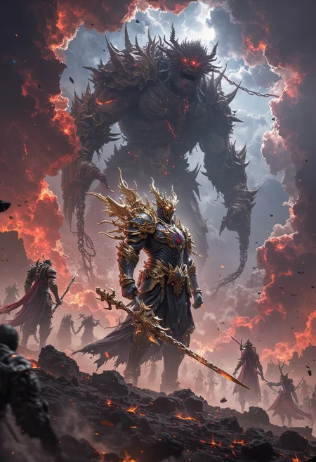 A powerful hero, clad in gleaming, organic armor that shifts like living metal, stands ready for an epic battle. His mask has glowing eyes, and jagged, ethereal wings extend from his back. He grips a massive spear crackling with arcane energy. Around him, a squad of similarly armored warriors fight side by side, wielding weapons that pulse with light. In the distance, a towering, grotesque giant with rocky skin and multiple arms wields colossal chains, tearing through the battlefield. The ground cracks and burns beneath him as smaller creatures swarm the heroes. The sky is a violent swirl of crimson clouds, lightning, and falling debris from shattered floating fortresses, giving the scene a chaotic yet grand backdrop.