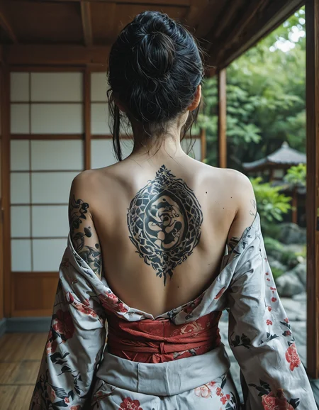 1girl,  girl, black long hair, kimono,  back exposed. small chest, detailed yakuza tattoo on back, in a japanese garden, <lora:EldritchCandids1.1.2:0.4> <lora:real_dream_pony_realistic_lora_3:0.4> <lora:MJ52:0.3> <lora:FF.101.juggernautXL_version6Rundiffusion.LORA:0.4> <lora:JuggerCineXL2:0.3>