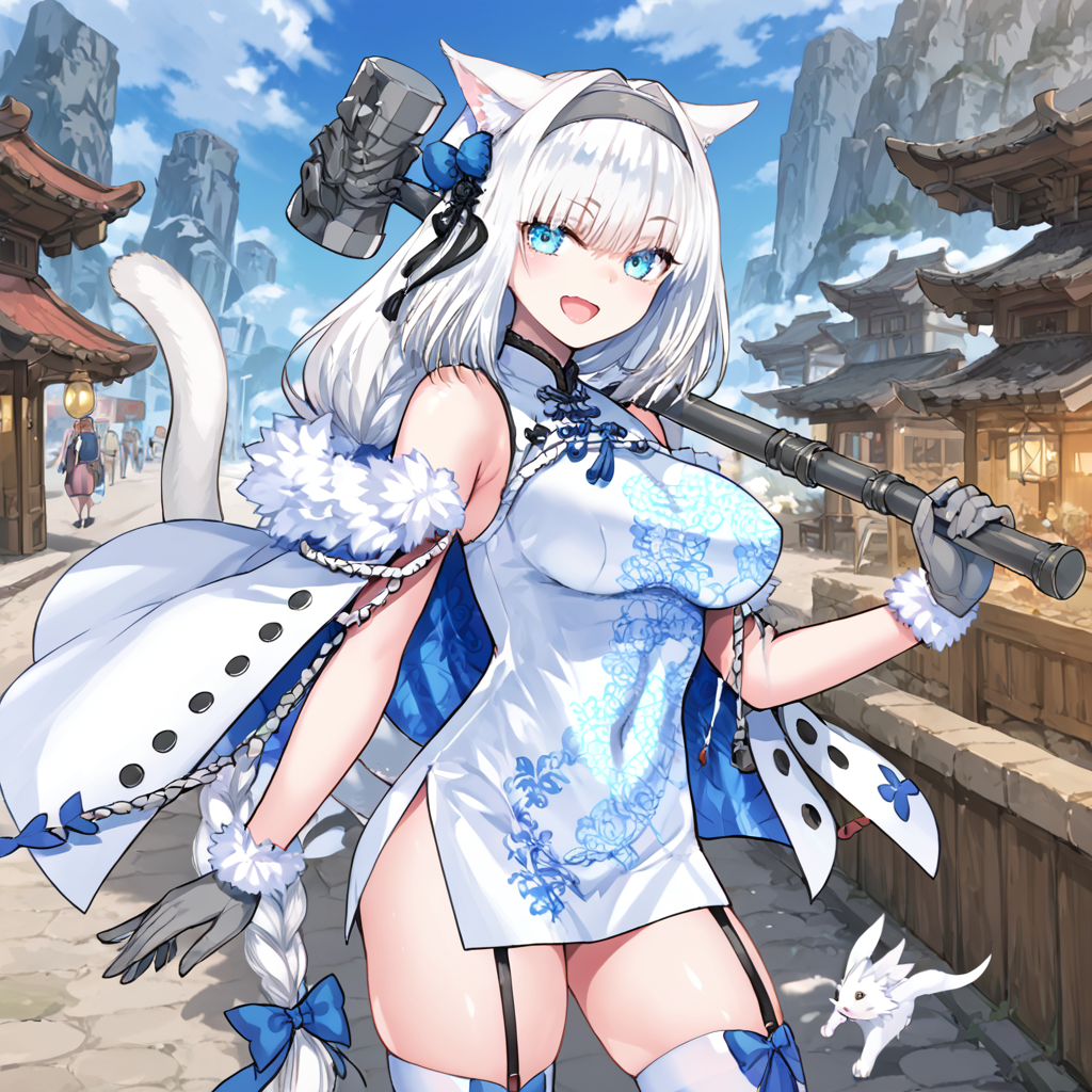 score_9, score_8_up, score_7_up, masterpiece, 1girl, solo, source_anime, <lora:dobrynya:0.8>  dobrynya, white hair, long hair, large breasts, blue eyes, animal ears, cat ears, one tail, cat tail, cat girl, gray headband, gray gloves, chinese dress, thighhighs, braided ponytail,  fur trim, hair bow, street, smile, open mouth, cowboy shot, hammer, holding,