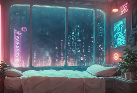 score_9,score_8_up,score_7_up,score_6_up,
steaming coffee cup on windowsill, plants on the windowsill, tidy bedrrom, small room, cramped bedroom, teddies on the bed, cyberpunk city view out of the window, neon light, purple neon lights,