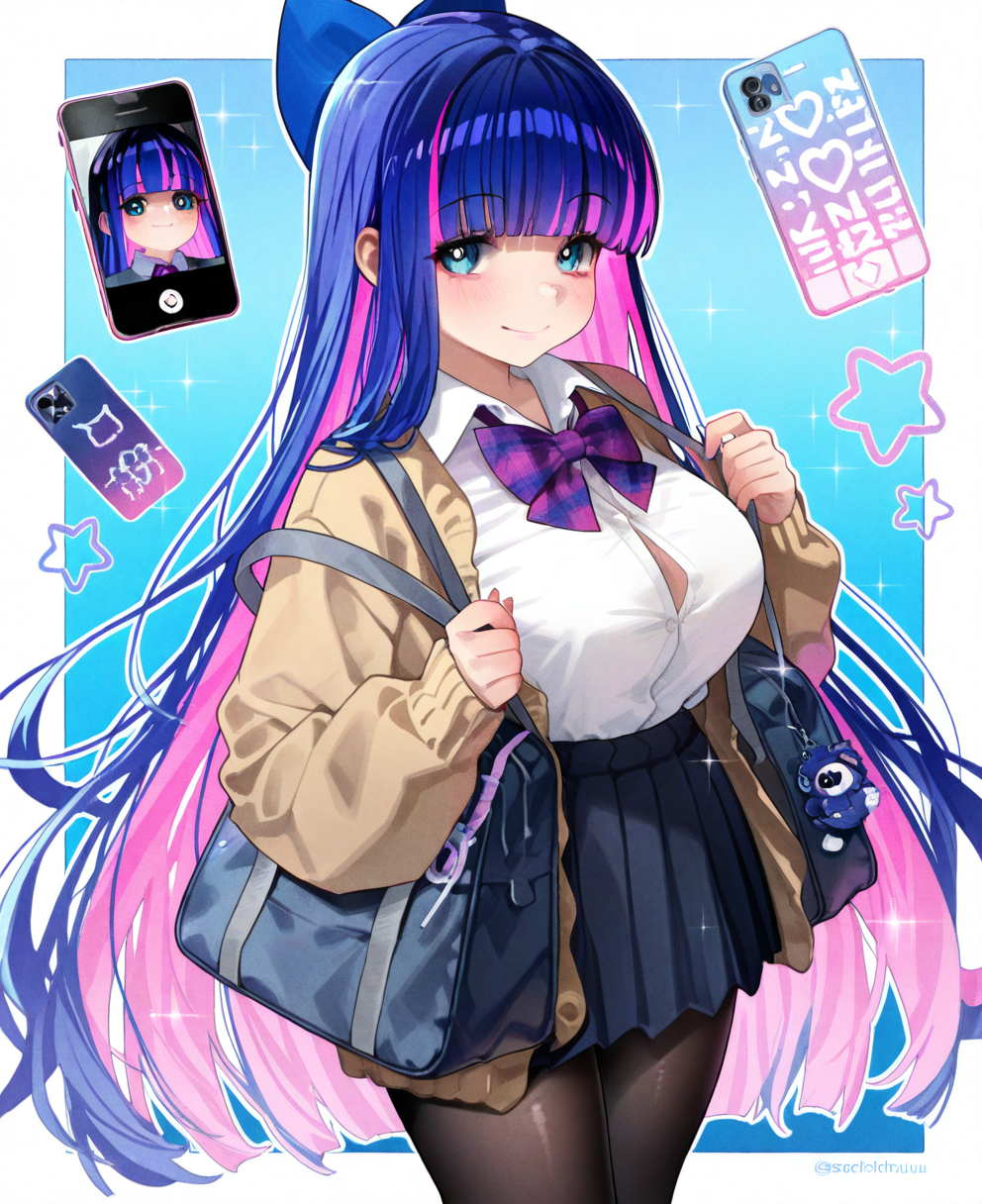 <lora:sachichuuC:1> sachichuu,
(masterpiece), (best quality), (ultra-detailed), amazing quality, very aesthetic, illustration, perfect composition, intricate details, absurdres, incredibly absurdres, shiny skin, realistic,
 sachichuu, 1girl, breasts, multicolored hair, bow, phone, long hair, colored inner hair, skirt, shirt, large breasts, pink hair, , smile, solo,  phone, white shirt, blunt bangs, blue bow, purple hair, bag, sparkle, pleated skirt, cellphone, pantyhose, blush, tone hair, hair bow, looking at viewer, collared shirt, button gap, very long hair, blue , , bowtie, closed mouth, cardigan, long sleeves, blue hair, purple bow, school bag, school uniform, black pantyhose, plaid bow, sensitive