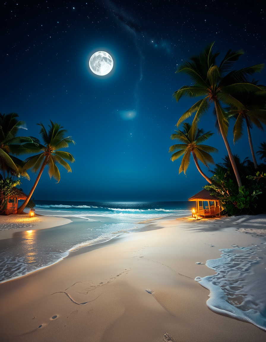 A breathtaking tropical beach at night, illuminated by the soft glow of the moon and twinkling stars. The ocean waves gently lap against the shore, reflecting silver moonlight. Tall palm trees sway slightly in the warm night breeze, their silhouettes contrasting against the deep blue sky. The sand appears smooth and slightly damp, glowing under the moonlight. In the background, distant islands are faintly visible on the horizon, their outlines softened by a light mist. The sky is filled with a mesmerizing display of stars, with the Milky Way faintly visible. The atmosphere is tranquil and serene, evoking a sense of peace and wonder. The image has a high level of detail, realistic textures, and a dreamy cinematic quality.
<lora:SDXLFaeTastic2400:0.4> <lora:extremely_detailed:0.4> extremely detailed,  <lora:tropical_beach_4t_n1ght:1>,tropical beach 4t n1ght, Masterpiece,best quality,hi res,8k,hi res,8k,award winning,(sharp focus, intricate, highly detailed),