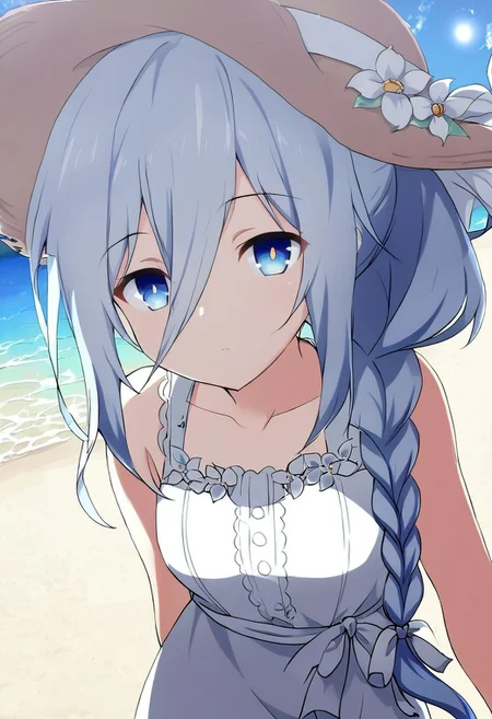 Solo, 1 girl, 18 years old, mature female, long hair is tied up in a high ponytail, ponytail style, flower ornaments, Pale Blue hair, Blue eyes, Single braid, hat, near a beach, wearing white dress, sleeveless dress, sun hat, detailed_eye_model