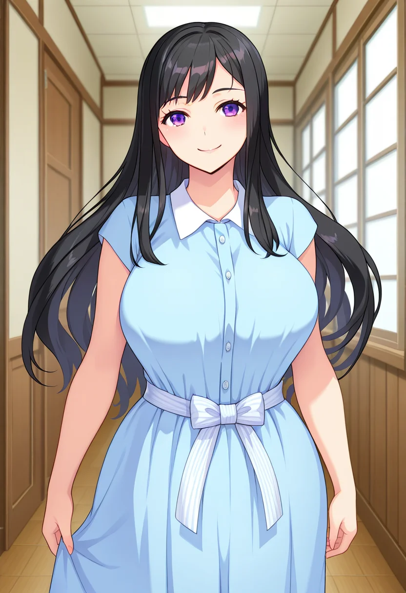 masterpiece, best quality, amazing quality, absurdres, 1girl, solo, cowboy shot, yurikoww, mature female, purple eyes, black hair, long hair, large breasts, blue sundress, belt bow, short sleeves, white sandals, looking at viewer, smile, indoors, day, skindentation, detailed clothing folds, depth of field, sharp, high contrast, dynamic light <lora:Ootori_Yuriko_Saaya_Shinsou_Noise_ill:0.8>
