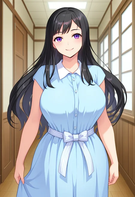 masterpiece, best quality, amazing quality, absurdres, 1girl, solo, cowboy shot, yurikoww, mature female, purple eyes, black hair, long hair, large breasts, blue sundress, belt bow, short sleeves, white sandals, looking at viewer, smile, indoors, day, skindentation, detailed clothing folds, depth of field, sharp, high contrast, dynamic light <lora:Ootori_Yuriko_Saaya_Shinsou_Noise_ill:0.8>