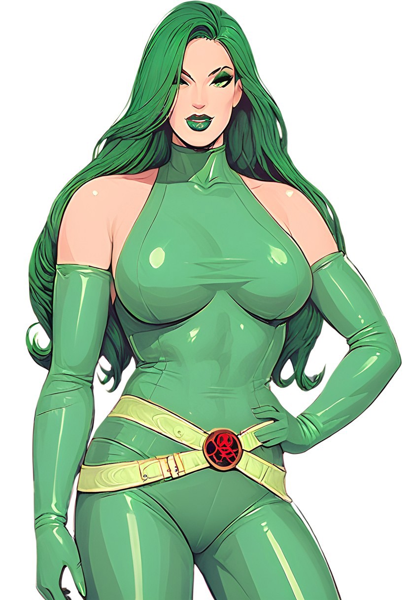 Bo Wei Style, score_9, score_8_up, score_7_up, very detailed, highly detailed texture, detailed face, high res, 
1girl, Madame Hydra, 1girl, solo, long hair, green bodysuit, skin tight, breasts, bare shoulders, belt, elbow gloves, green boots, long hair, green hair color, eyes open, full body, posing, green lipstick, plump lips, kiss face
