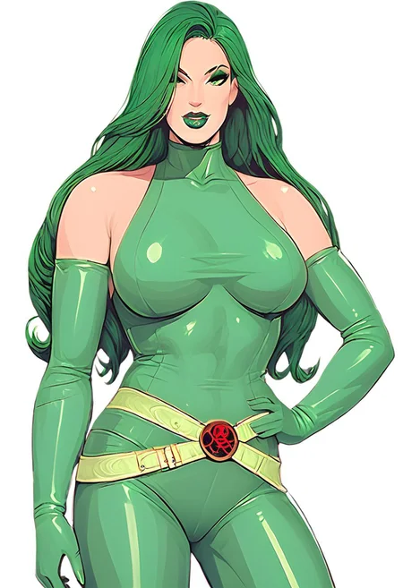 Bo Wei Style, score_9, score_8_up, score_7_up, very detailed, highly detailed texture, detailed face, high res,
1girl, Madame Hydra, 1girl, solo, long hair, green bodysuit, skin tight, breasts, bare shoulders, belt, elbow gloves, green boots, long hair, green hair color, eyes open, full body, posing, green lipstick, plump lips, kiss face