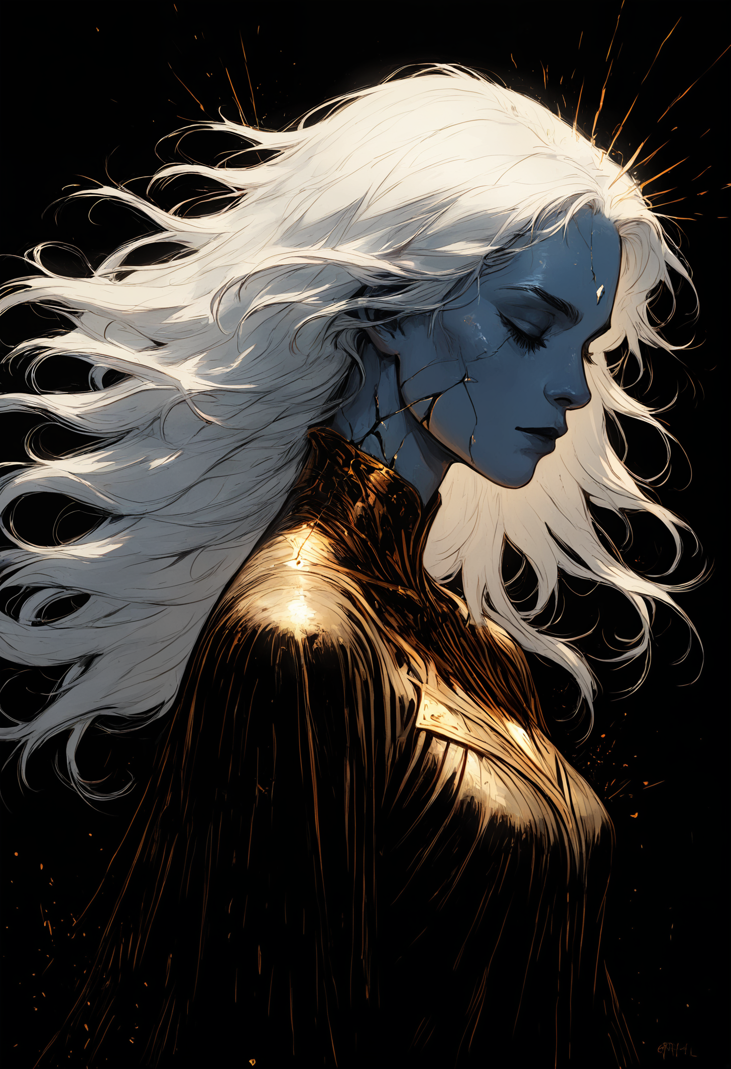 masterpiece, best quality, good quality, very awa, very aesthetic, absurdres, newest, 1girl, solo, long_hair, closed_mouth, upper_body, closed_eyes, white_hair, from_side, eyelashes, lips, profile, floating_hair, colored_skin, glowing, black_background, gold_trim, nose, realistic, gold, cracked_skin, sparks, ink drawing, opill, gr4ph1t3,