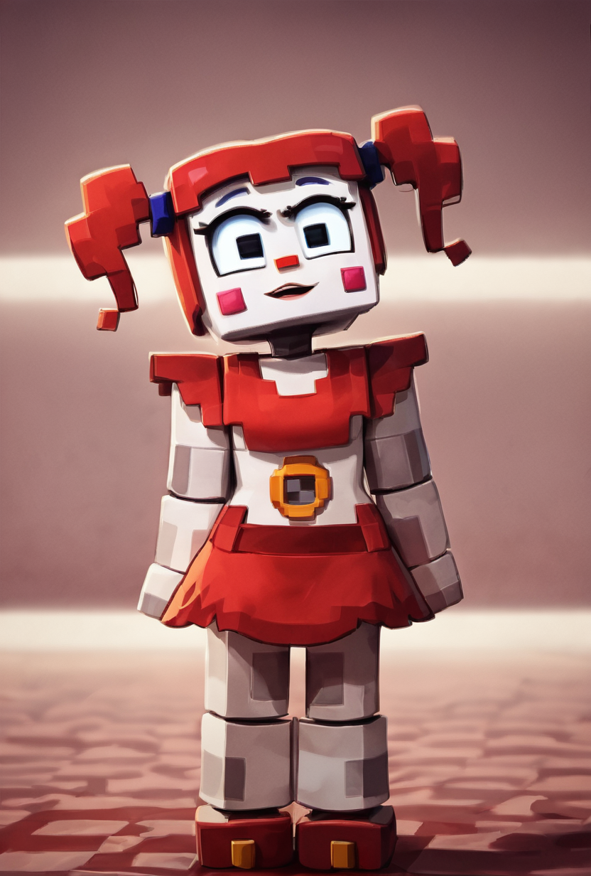 score_9, score_8_up, score_7_up, best quality, good quality ,, character focus, solo, full body, , best quality, dot eyes, facing viewer,   <lora:circbab-08:1> circbab, solo, robot, red hair, twintails, 1girl, open eyes, detailed background