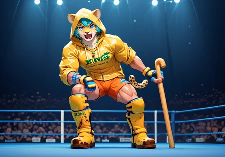 score_9, score_8_up, score_7_up, score_6_up, score_5_up, source_furry
, solo, <lora:Luca:0.7> luca-light,aqua hair,short hair,blue eyes,symbol-shaped pupils,rosary,yellow raincoat,hood up,green logo,pocket,orange shorts,green rubber boots,mud on boots,cane
, <lora:King:1.2> tekkan king, muscular, bara, thick thighs, large pectorals, abs, jaguar ears, wrestling outfit, jaguar tail, fingerless gloves