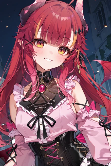 score_9_up, score_8_up, score_7_up, score_6_up, 1girl, (SudaYoruka:1), evil smile, dragon horns, dragon wings, mini wings, 
posing, pink shirt, 
cowboy shot, 
looking_at_viewer, dynamic_angle, dutch angle, cinematic_angle, <lora:SudaYorukaXL_autismmixPony:1>, masterpiece, newest, absurdres, rating_safe, sfw