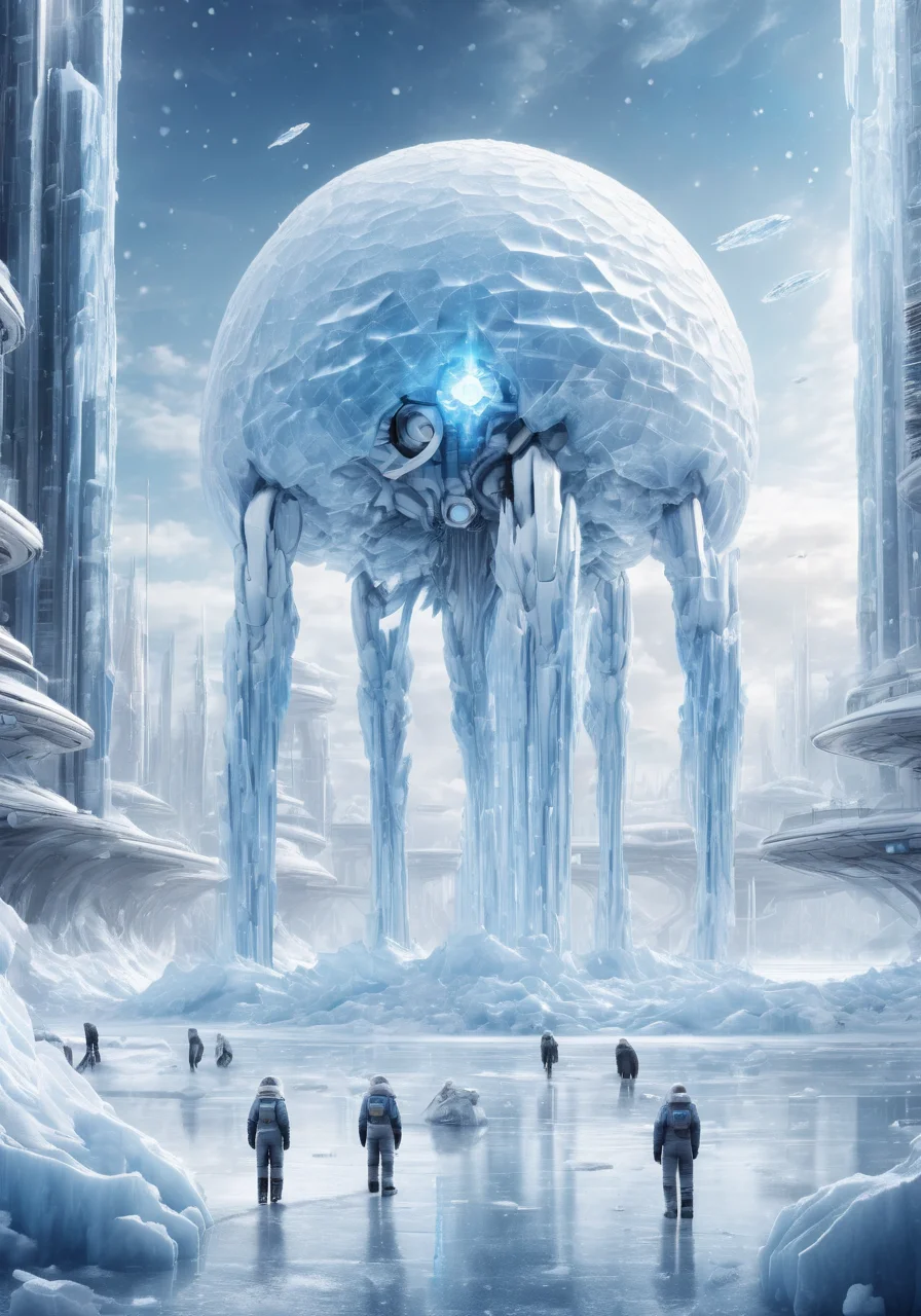 ultra-high precision detail,8k,EVA-01 TEST TYPE,<lora:ç§å¹»-éªåé»çº¢sdxl:0.6>,ice,snow,the surface of this distant planet is covered with white ice,for tens of thousands of years as the temperature drops,huge artificial urban structure stuck in ice,equipment and machinery in the city have long ceased to function,only the ice-locked form stands on the ice sheet,like a predatory monster,it shows the outline of its bones,(Masterpiece, high quality, best quality, official art, beauty and aesthetics:1.2),robot joints,exquisite,metal crystal,photon force field,