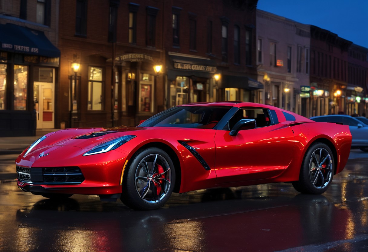 2023 corvette stingray with spiderman paints job, head lights on, city streetlamps, nighttime, Glowing moon background, deep rich, glossy colors, High Resolution HDR, 8K