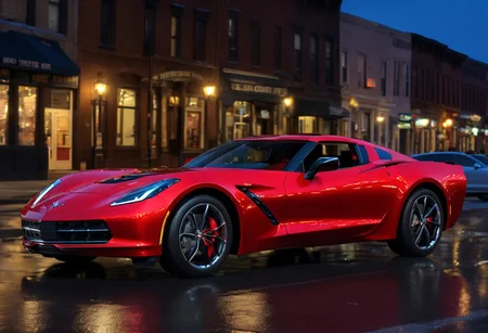 2023 corvette stingray with spiderman paints job, head lights on, city streetlamps, nighttime, Glowing moon background, deep rich, glossy colors, High Resolution HDR, 8K