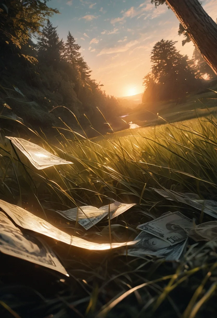 (best quality, 8k, high res, masterpiece:1.2), photorealistic, ultra-detailed, vibrant photography of a picturesque money orachard at sunset, wads of hunded dollar bills grow from gorgeous tree heaviy with ripe cash-rolls, dollars line the lush grasses of the meadow, beauty and abundance of nature in exquisite detail. (dynamic angle, cinematic lighting, ethereal atmosphere:1.1), (extremely detailed:1.2), (vivid colors:1.3), (perfect composition:1.2), (sharp focus, stunning realism:1.2)