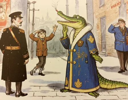 <lora:suteev-000004:1>, Digital painting of a smug, anthropomorphic crocodile dressed in an opulent fur coat with intricate embroidery and golden trim, strutting confidently down a snow-covered street in revolutionary Petrograd. His scales gleam under the pale winter light as he puffs on a thick cigar, a thin spiral of smoke curling upward. A tsarist policeman (gorodovoy) in a dark blue uniform with shiny buttons and a bushy mustache stands stiffly at attention, saluting with nervous deference. Beside him, a rough revolutionary sailor in a striped shirt and tattered cap snaps a half-mocking, half-impressed salute, his eyes wide with amusement.
The scene is richly detailed yet cleanly stylizedâno shadows, no extra limbs, and crisp, vibrant colors. The cobblestone street is dusted with snow, faint tram tracks visible beneath, while vintage lampposts cast a soft glow. In the background, faded propaganda posters (e.g., 'Ðолой ÑаÑÑ!') peel off brick walls, and distant silhouettes of 1917 Petrograd buildings complete the setting. The atmosphere is playful and slightly absurd, blending historical satire with classic childrenâs book charm. The crocodileâs smug grin, the policemanâs uneasy posture, and the sailorâs rebellious smirk are all exaggerated for comedic effect, keeping the composition lively and engaging