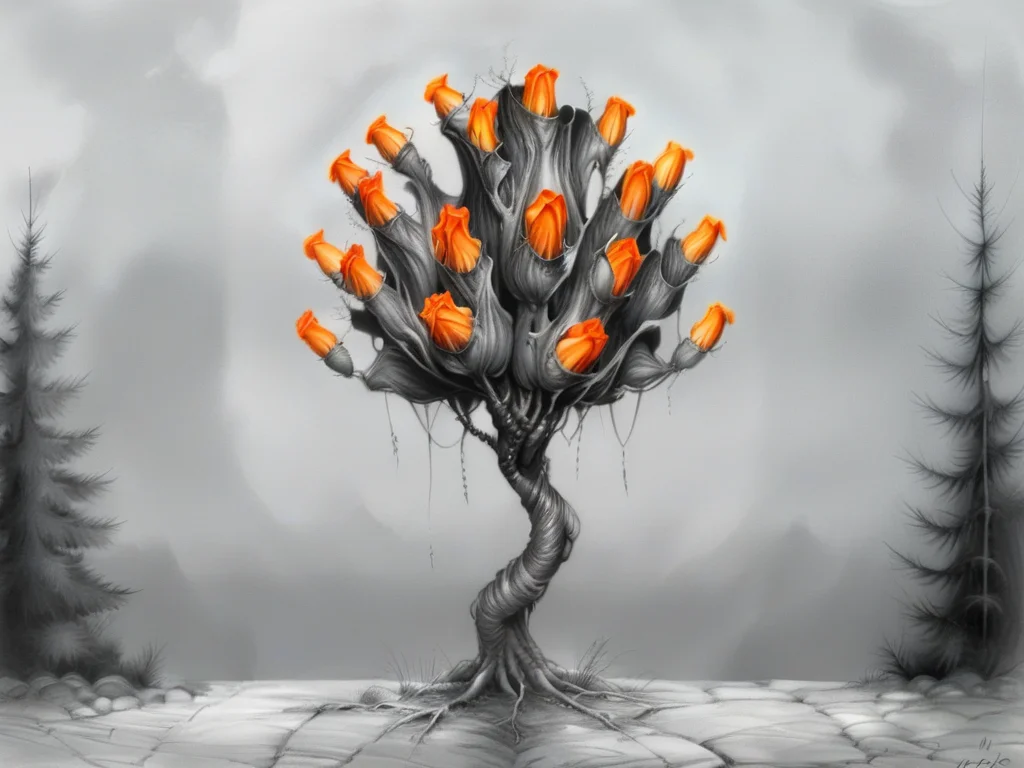 <lora:sur-mono_XL:1>, sur-mono_XL, flower, grey background, tree, no humans, traditional media,