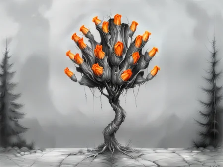 <lora:sur-mono_XL:1>, sur-mono_XL, flower, grey background, tree, no humans, traditional media,