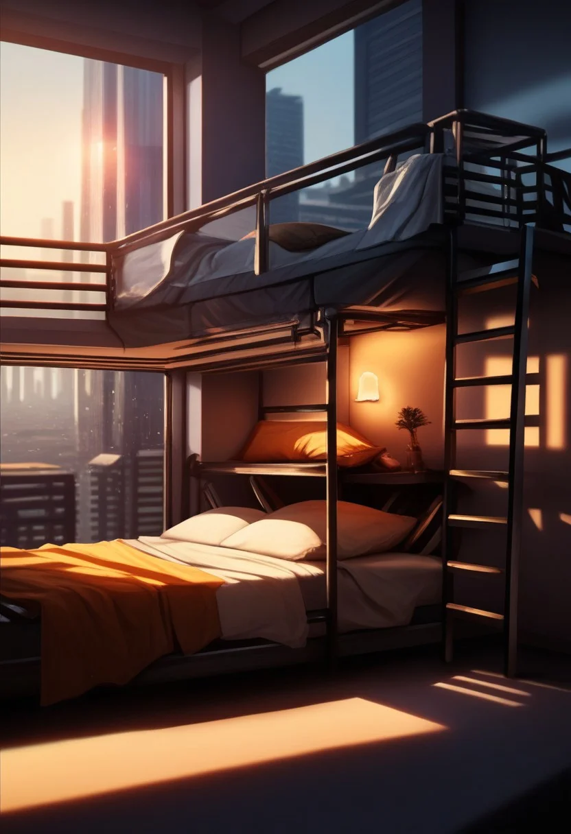 EnD_CyberFutureLandscape Style, , a bedroom with a bunk bed and a desk, specular highlights, side lighting, city view, outdoors, extreme light and shadow, cinematic lighting, cinematic angle, natural lighting, score_9, score_8_up, score_7_up, score_6_up, score_5_up, score_4_up,