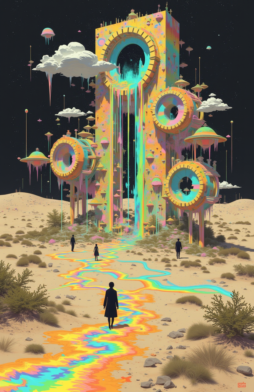 psycho_4rt, desert where time itself flows like the shifting sands, causing objects, plants, and even people to age in certain areas while remaining frozen in others. Massive, ancient clockwork mechanisms rise from the sands, and some dunes hold echoes of past events, retroanime,