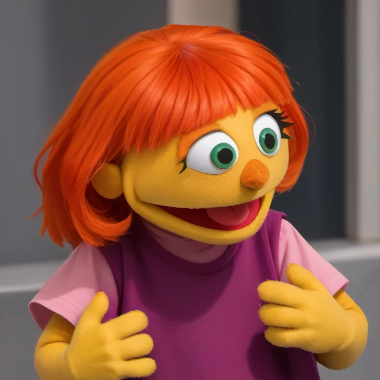 1girl, solo, julss2, yellow skin, green eyes, colored skin, purple shirt, smile, open mouth, tongue, upper body, orange hair, :d, child, <lora:julss2-000009:1>,