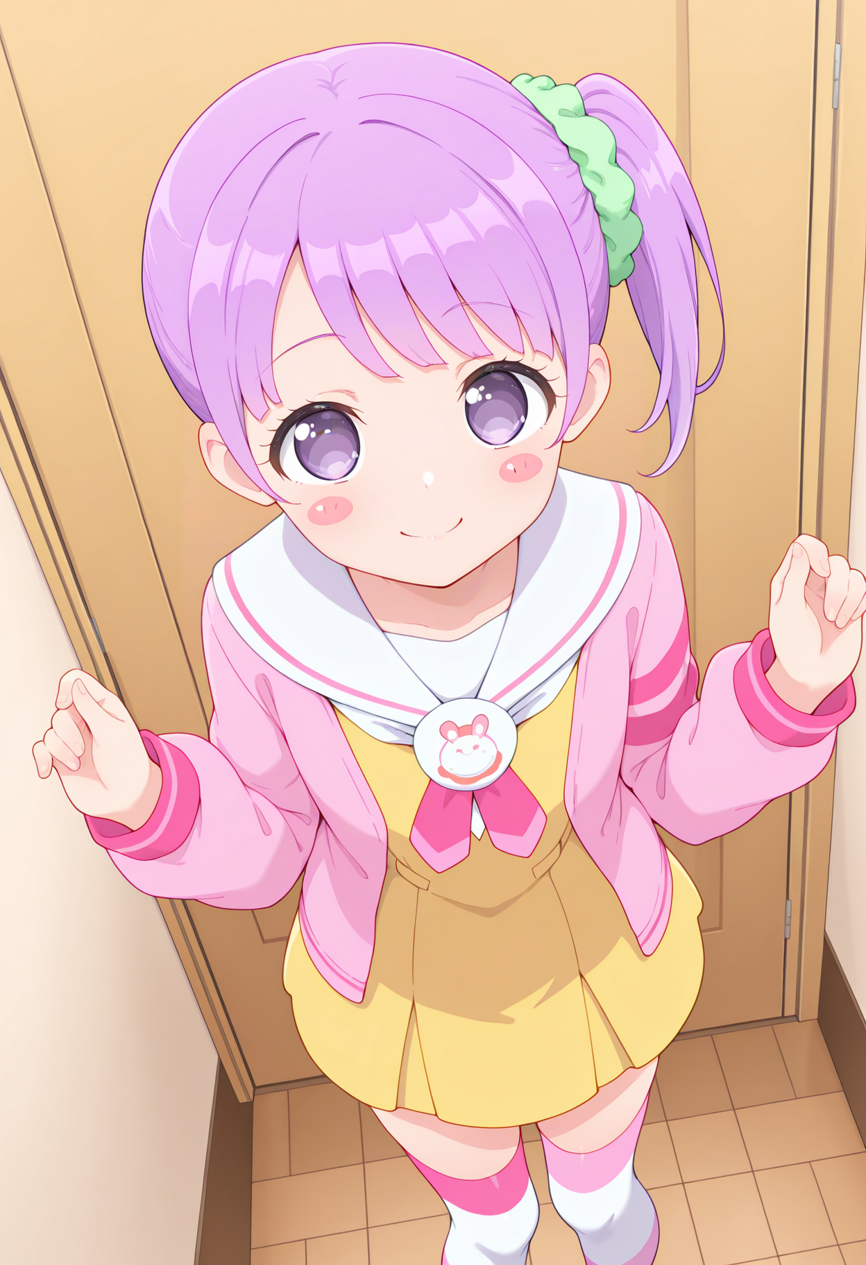 highres, best quality, masterpiece, indoors,
1girl, solo, prpprnon, purple hair, side ponytail, purple eyes, hair scrunchie, blush stickers, 
school uniform, white sailor collar, yellow dress, pink jacket, white thighhighs, striped thighhighs,
looking at viewer, blush, smile,
standing, from above, hands up,
<lora:_non_manaka-elesico-ilxl-13:1>