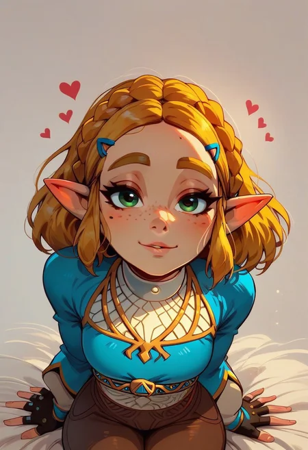score_9, score_8_up, score_7_up, score_6_up, 1girl, solo, princess Zelda (breath of the wild) ,cute, freckled face,(perfect round ass), slim waist, cute round face, lidded eyes, red cheeks , brown pants, clothes on, hourglass body,looking at viewer, lots of hearts, face focus, seductive eyes, safe for work